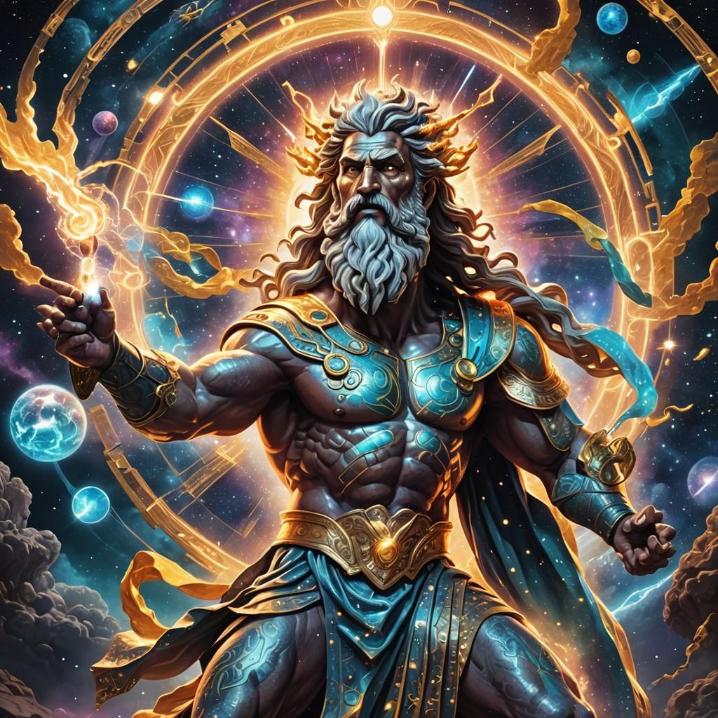 Zeus Unleashing a Thunderbolt in Astral Illustration