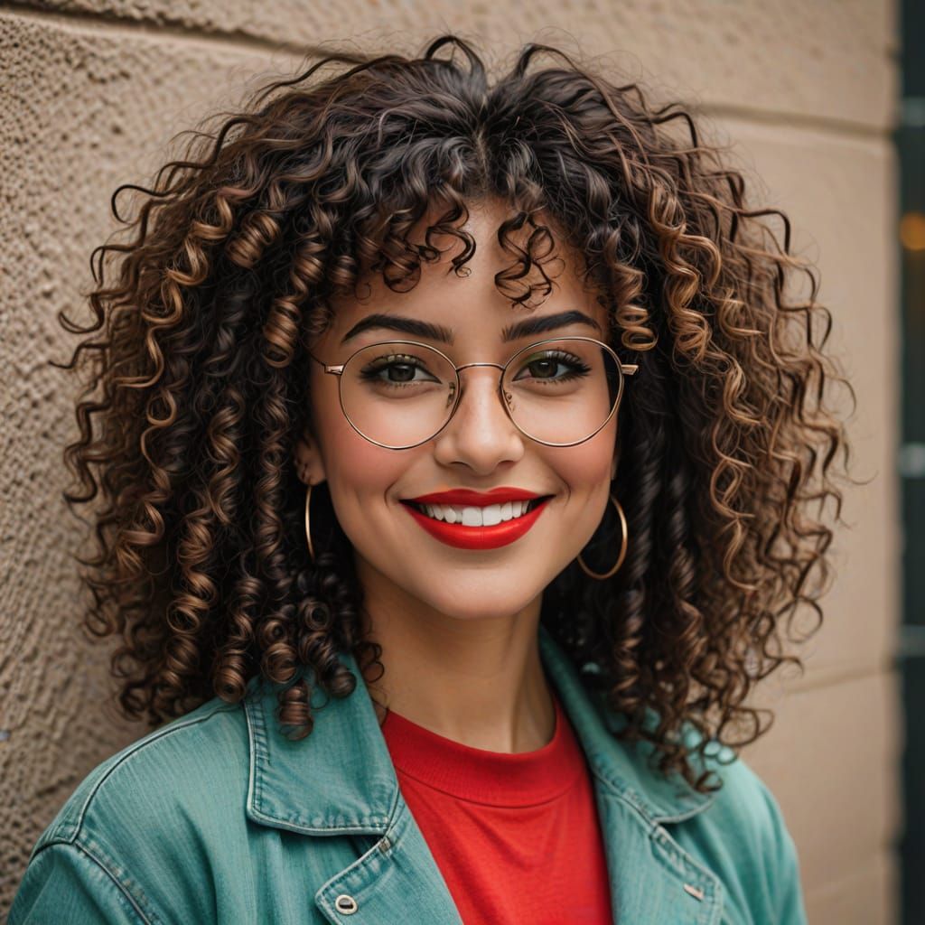 Exotic Woman with Curly Hair and Vibrant Smile