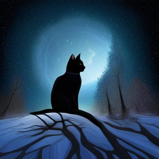Silhouette of a Black Cat Under Starry Sky