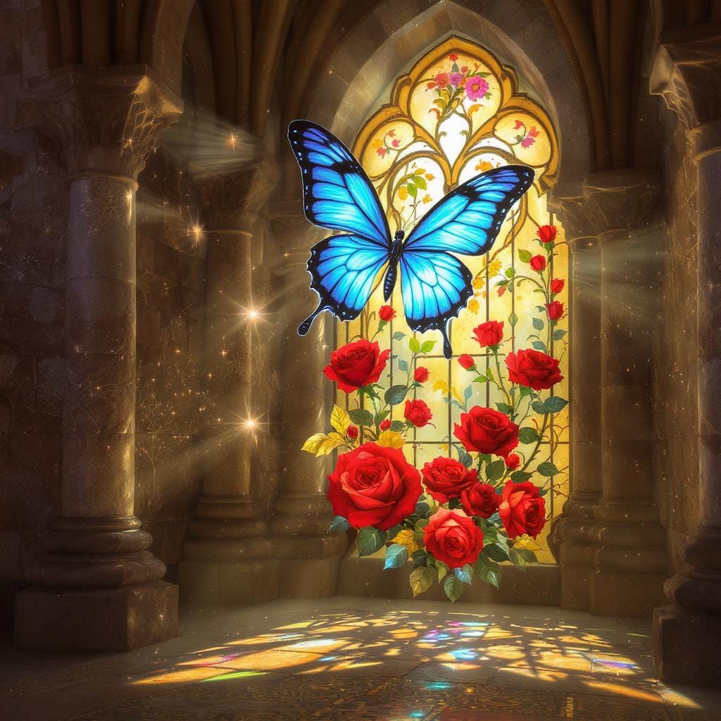 Tiffany Style Butterfly Soaring Above Roses