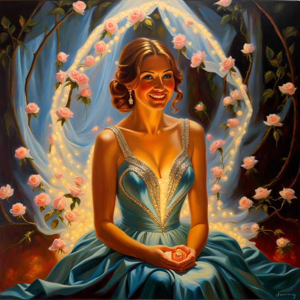 Beautiful Woman Holding Glowing Rosebud as Oil Painting