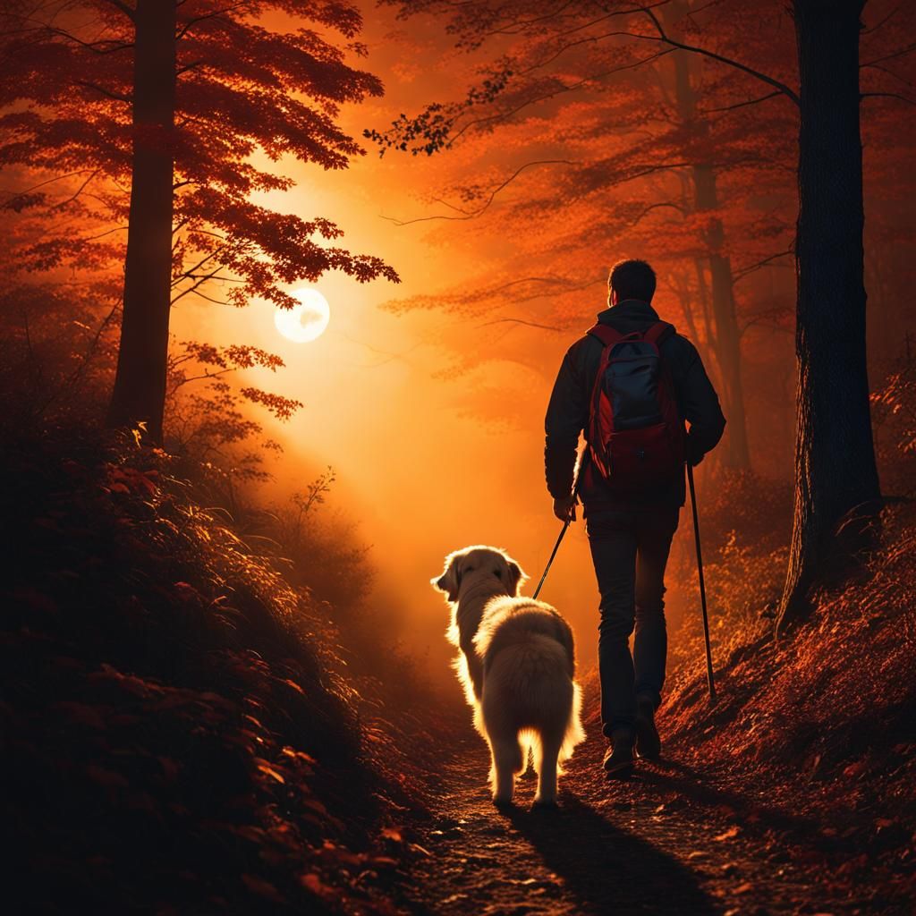 Man and Dog Hiking Appalachian Trail at Night