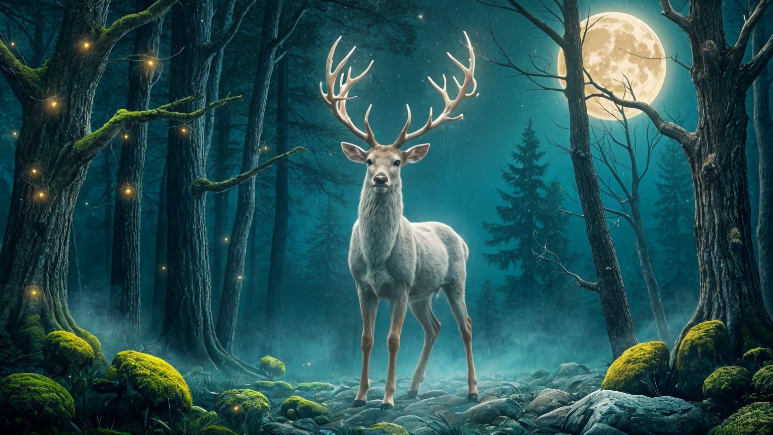 Starlight Deer in Moonlit Forest: Art Nouveau Fairytale