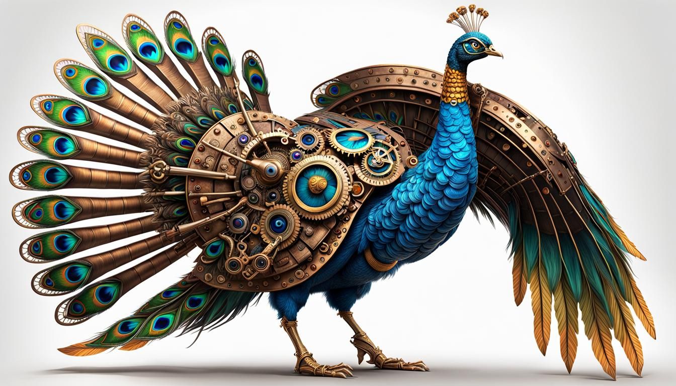 Steampunk Armored Peacock-Turkey Hybrid: Digital Art