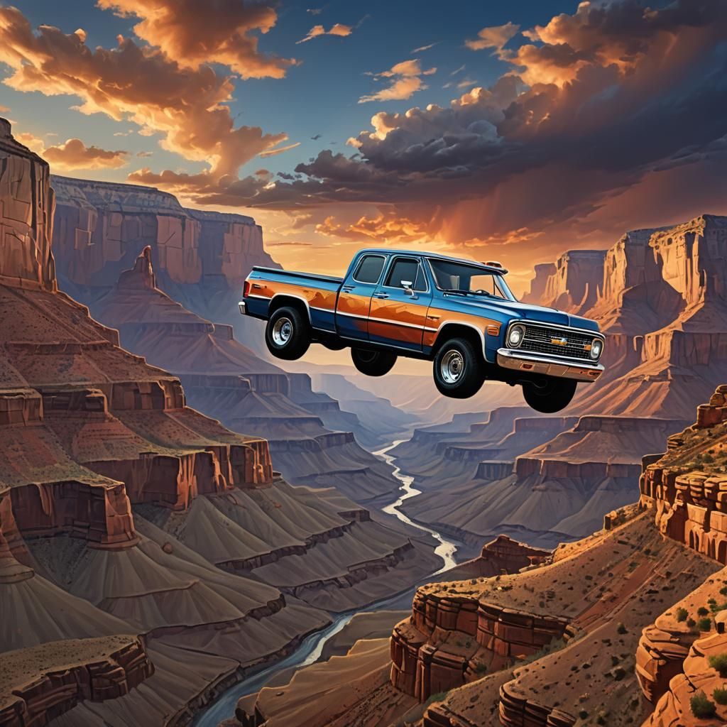 Chevy Pickup Soars Over Grand Canyon: Digital Art