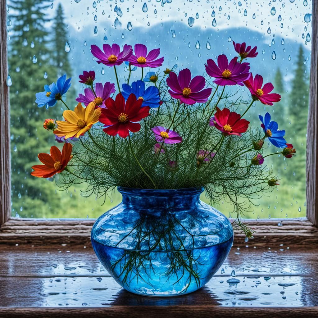 a blue vase half filled with water filled with multicolored ...