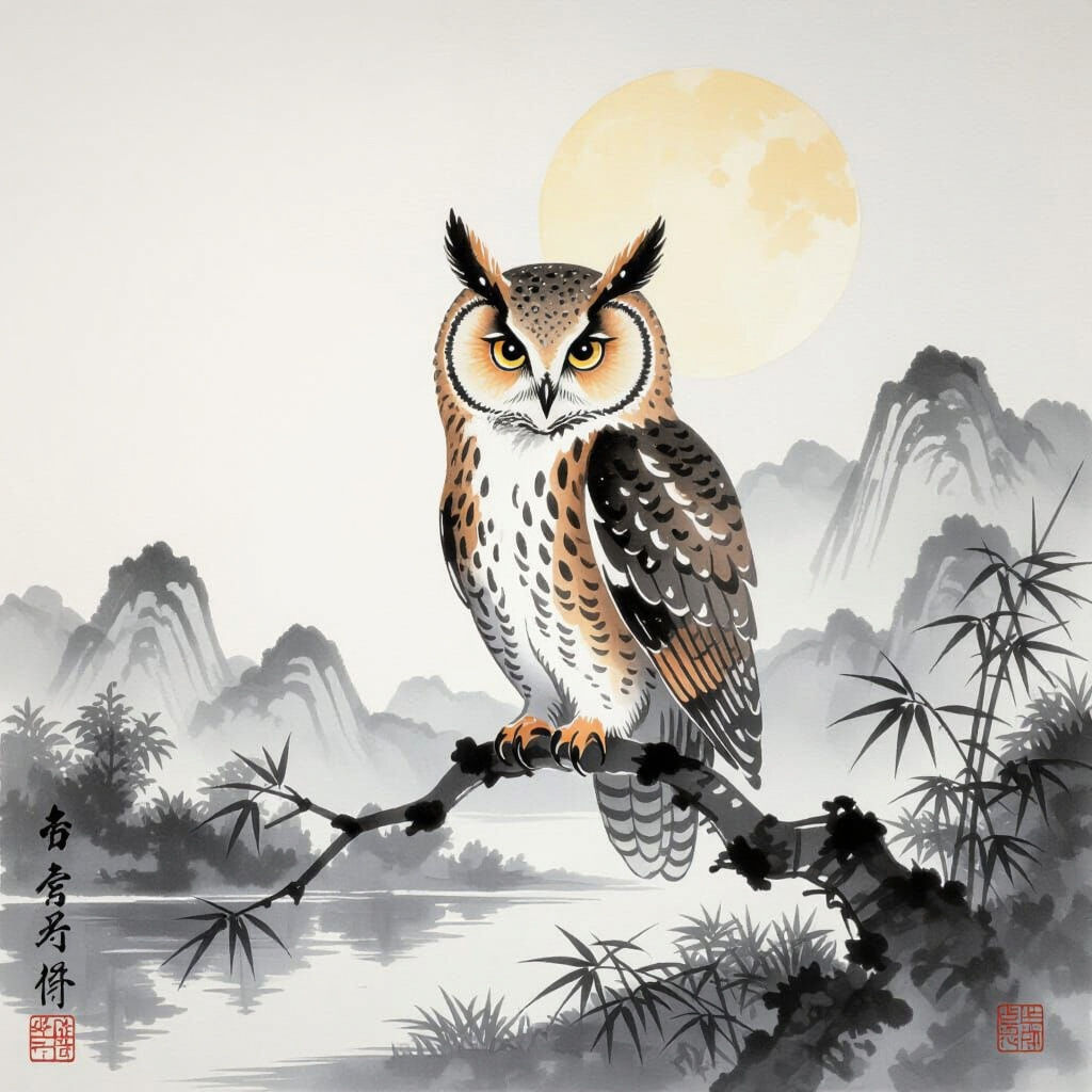 Chinese Watercolor Owl with Celestial Ink Patterns