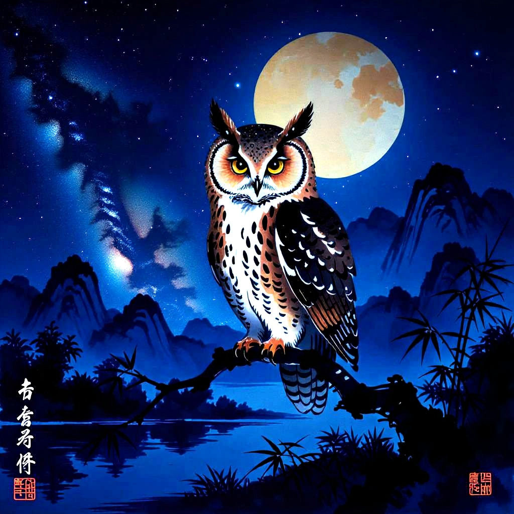 Chinese Watercolor Owl Dissolving into Celestial Ink