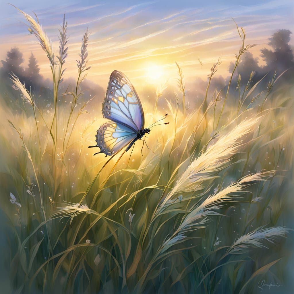 Ethereal Meadow at Dawn with Iridescent Butterfly