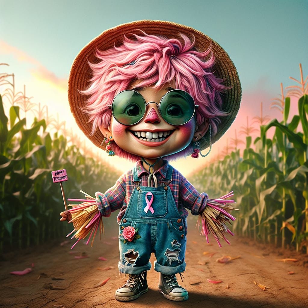 Cartoon Girl Caricature in Cornfield with Scarecrow Style
