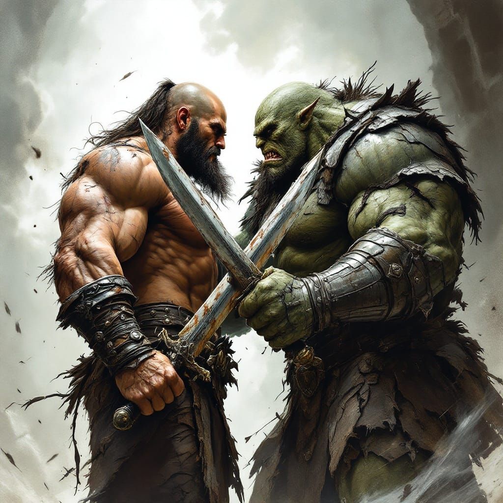 Epic Clash of Warrior and Orc in a Gritty Fantasy Setting