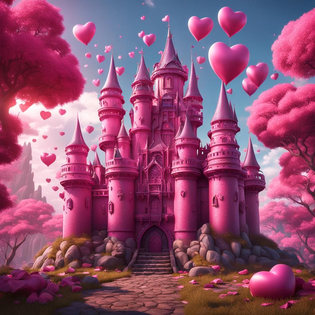 Fantasy Pink Castle with Bows in Detailed Style