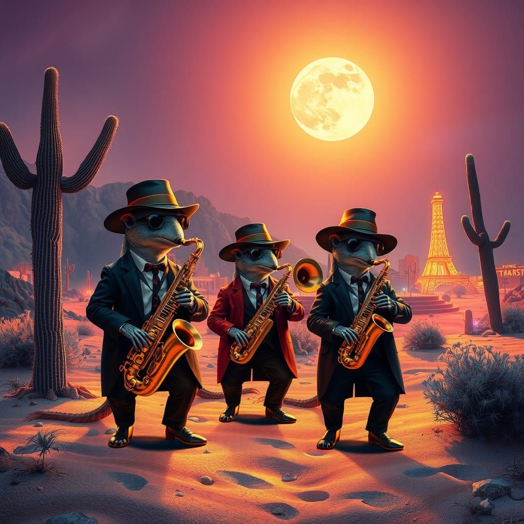 Armadillos Playing Jazz in Desert Neon Landscape