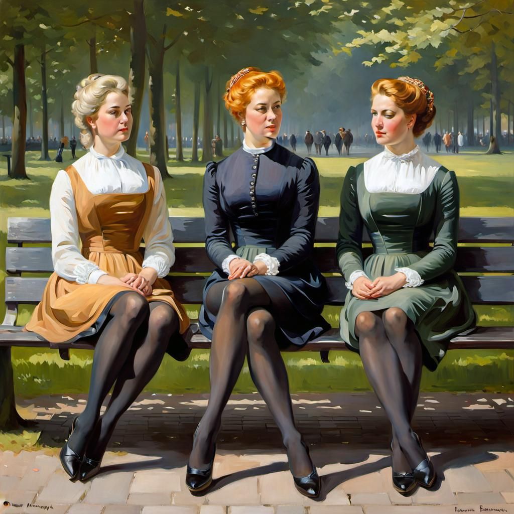 Women on a Bench in Oil Painting Style