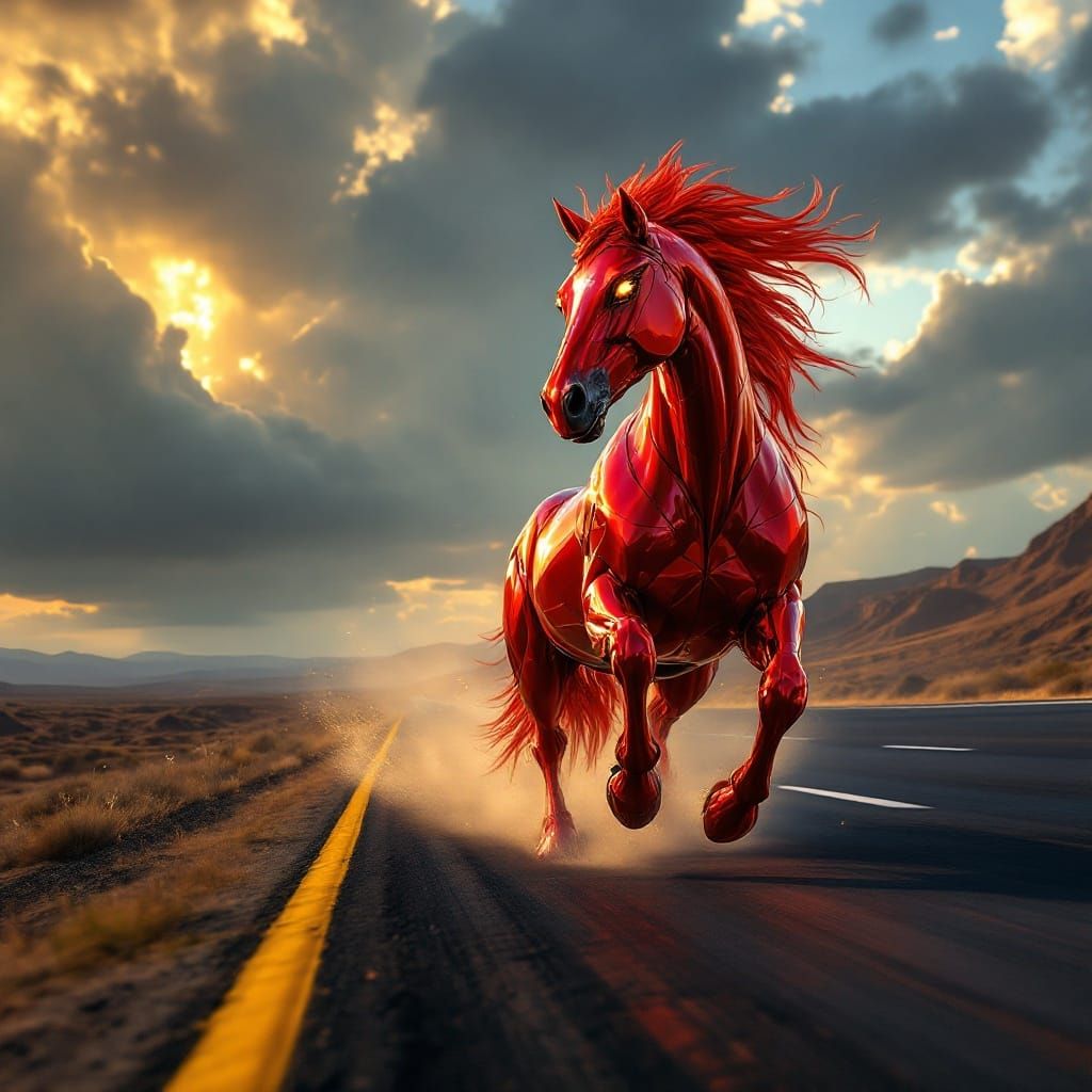 Cyberpunk Red Stallion Revs Down Desert Highway
