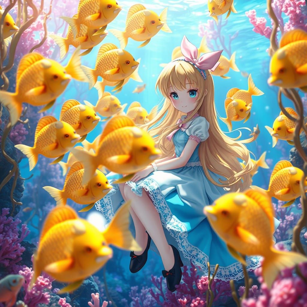 Whimsical Alice in an Underwater Wonderland with Golden Fish