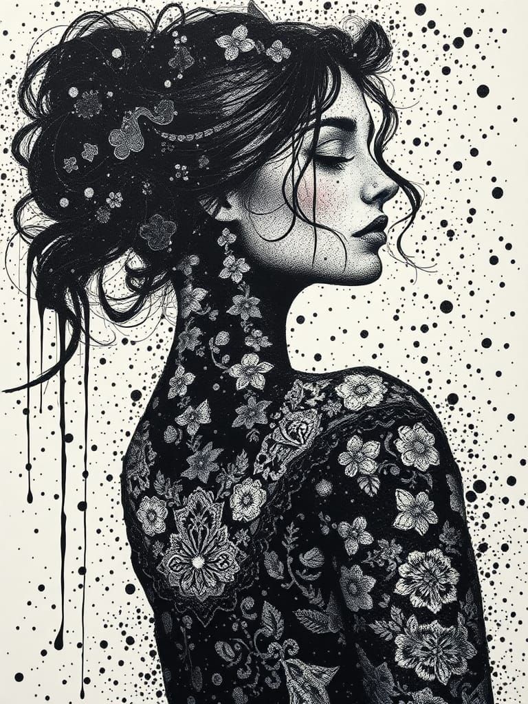 Pointillist Ink Mosaic of a Woman in Lace