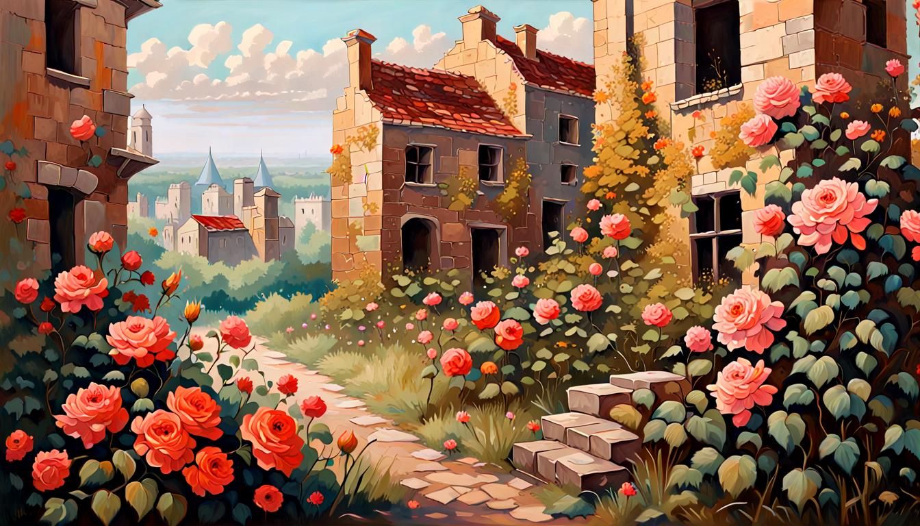 City Ruins Reclaimed by Roses: Oil Painting