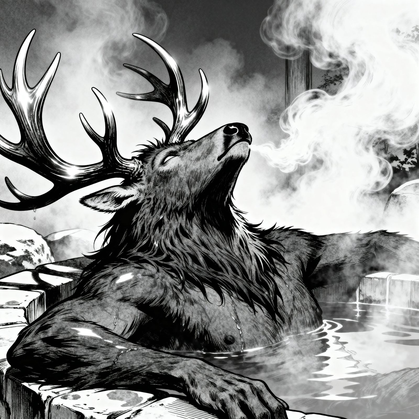 Wendigo Soaking in Steaming Onsen, Manga Style