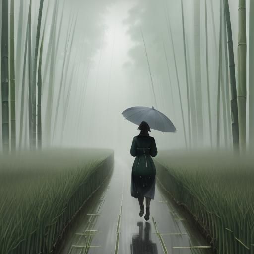 Impressionist Woman Walks Rainy Bamboo Path