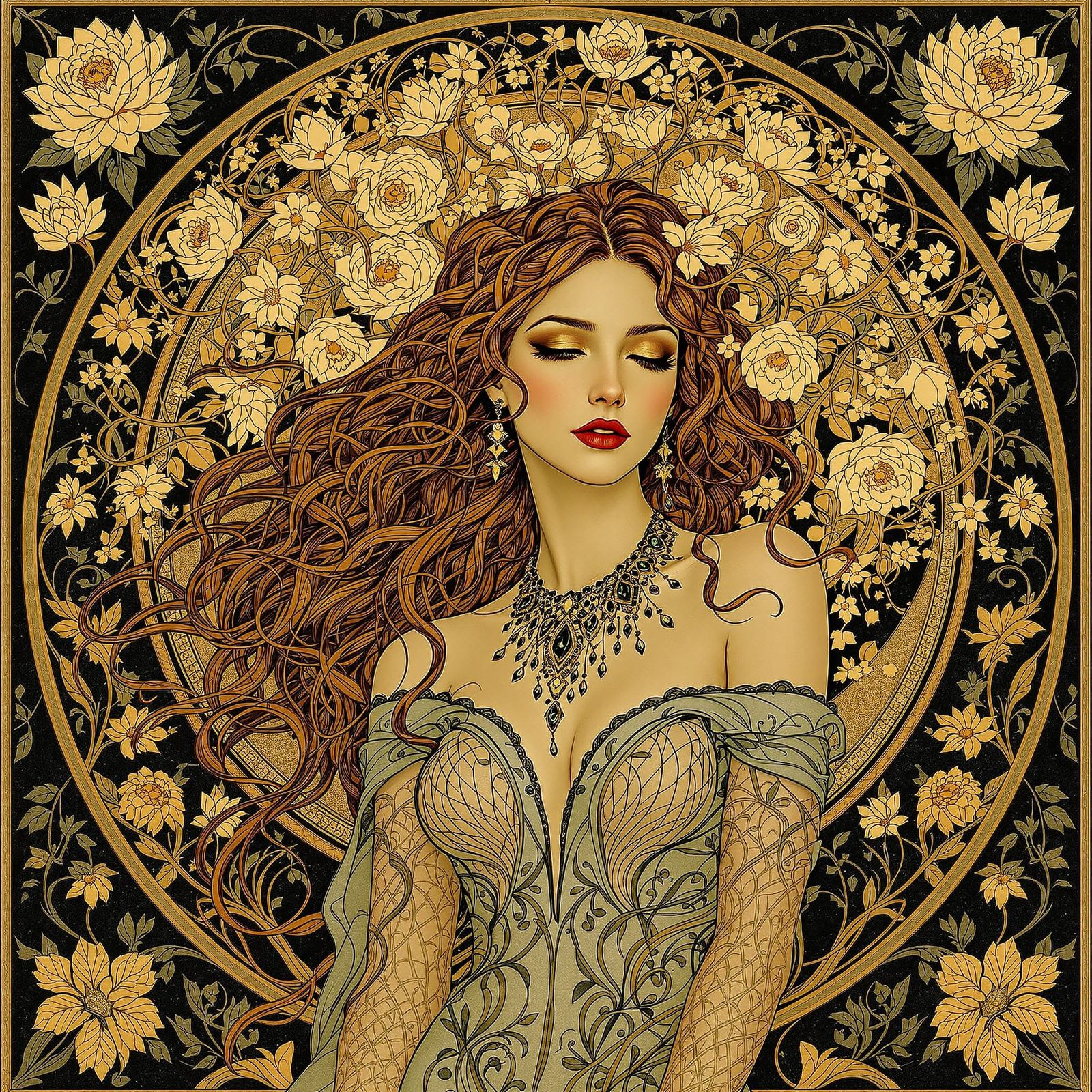 Art Nouveau Woman with Floral Gown and Ornate Jewelry