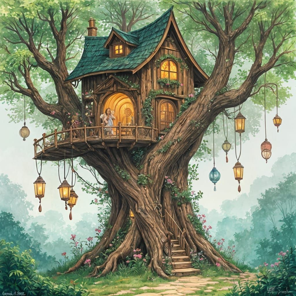 Magical Treehouse Home to Fairies, Watercolor Art