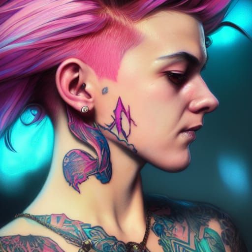 Punk Girl Portrait with Pink Mohawk in Fantasy Style