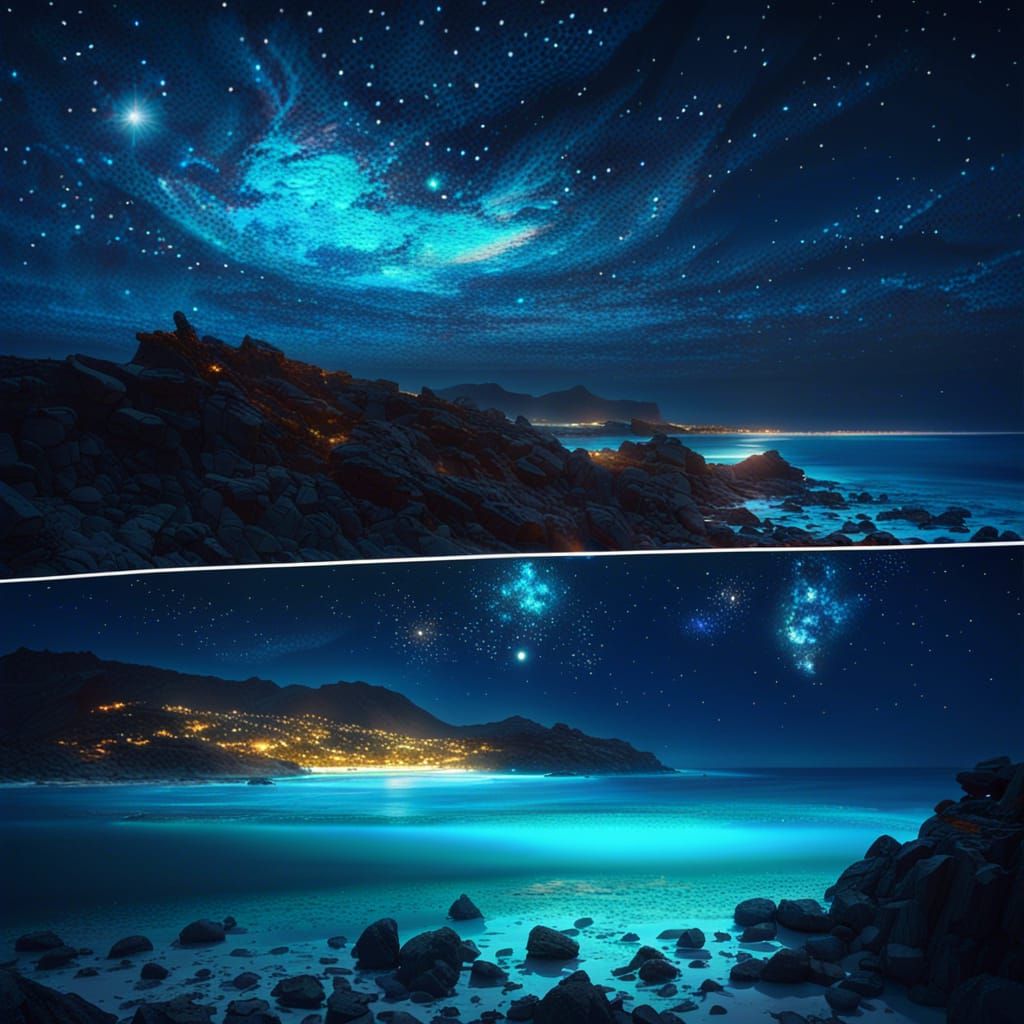 Bioluminescent Plankton Lights Ocean in Starry Night