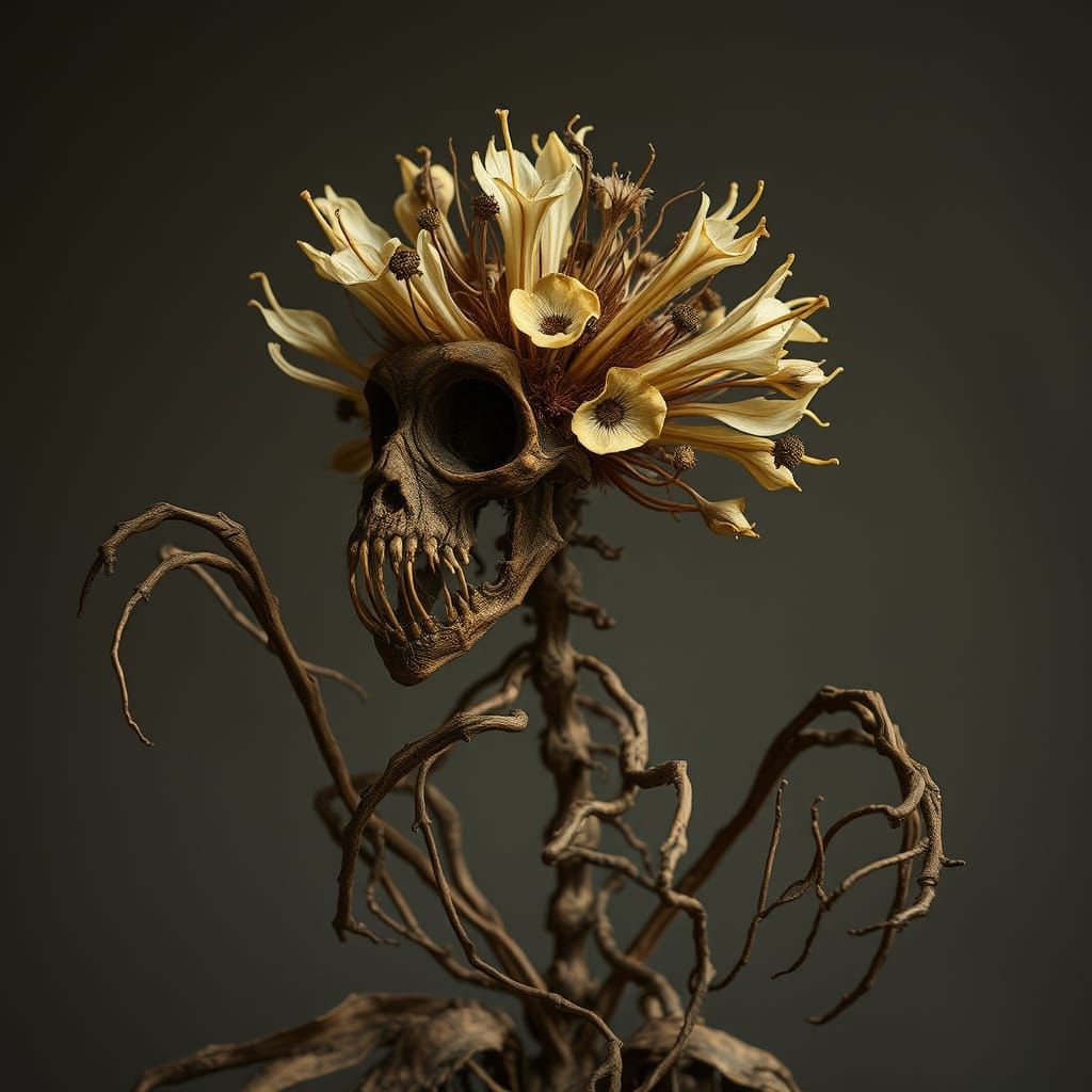 Surreal Brown Dry Flower Skeleton Monster Remains in the Sty...