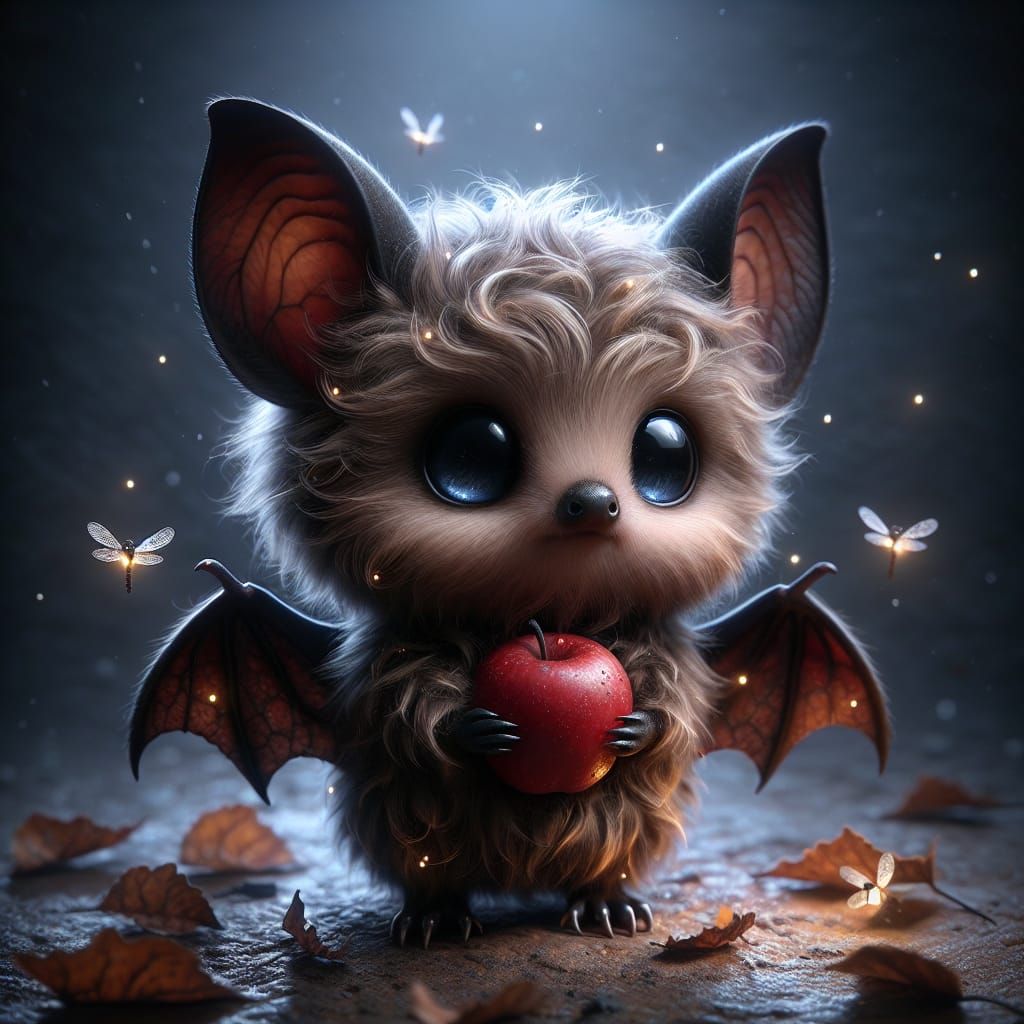 Chibi Baby Bat Holds Apple Under Starry Night Sky