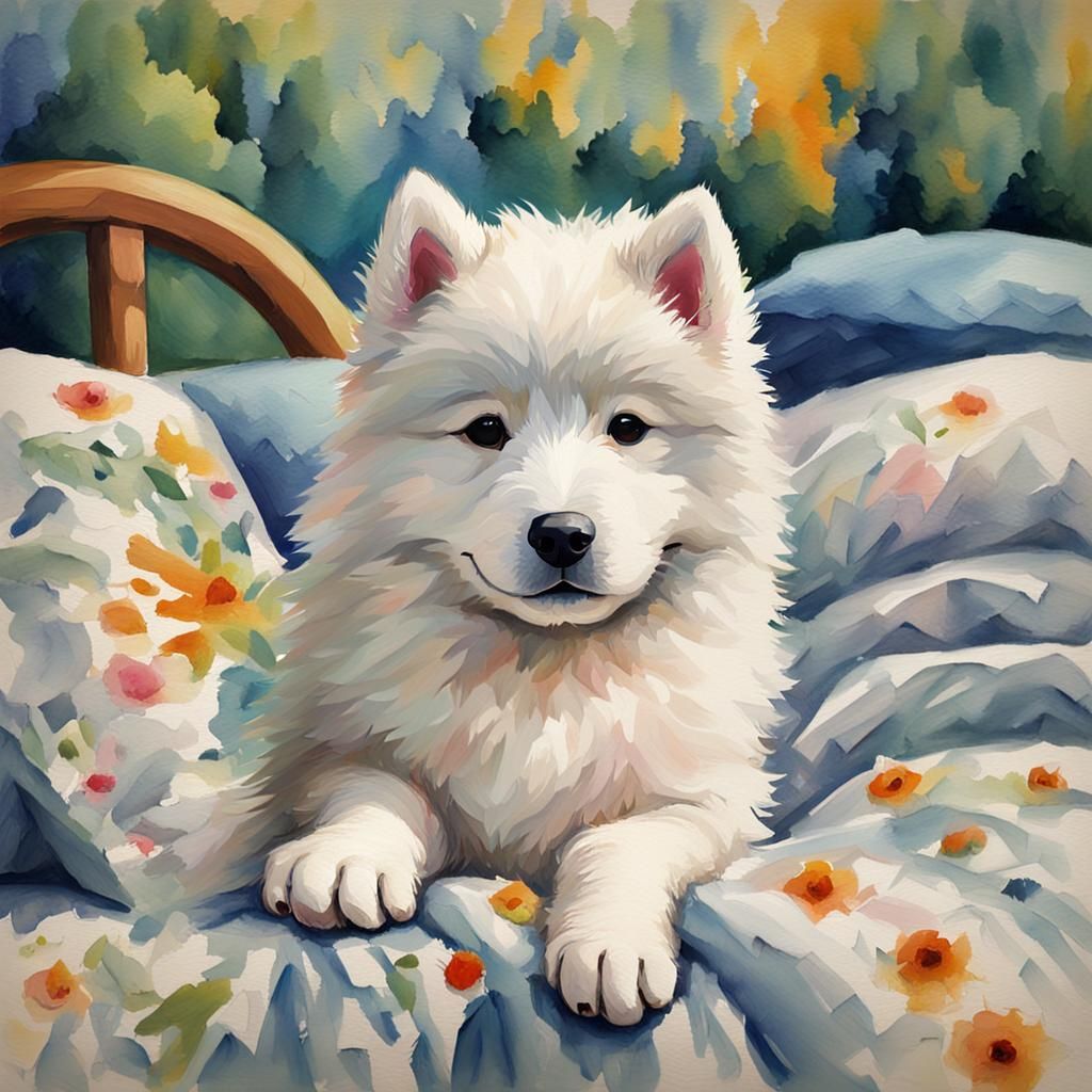 Samoyed Pup Relaxing in Bed as Gouache Painting