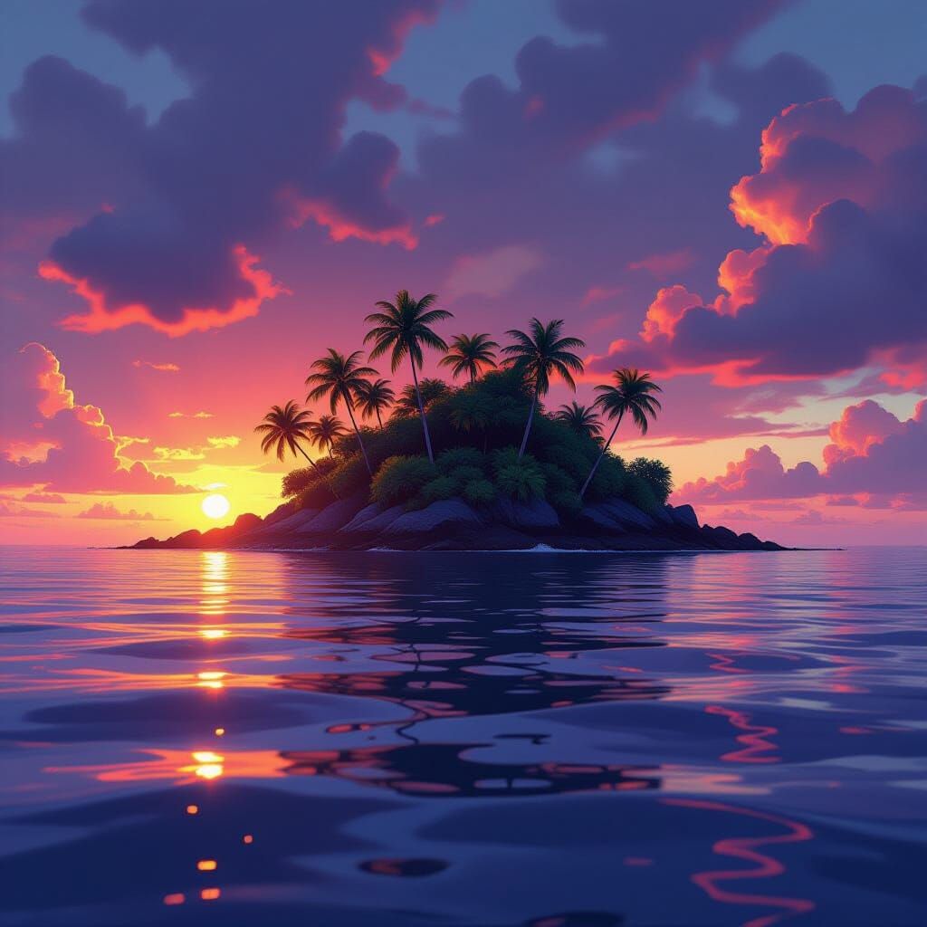 Hyperrealistic Island Sunset Splash Art Concept