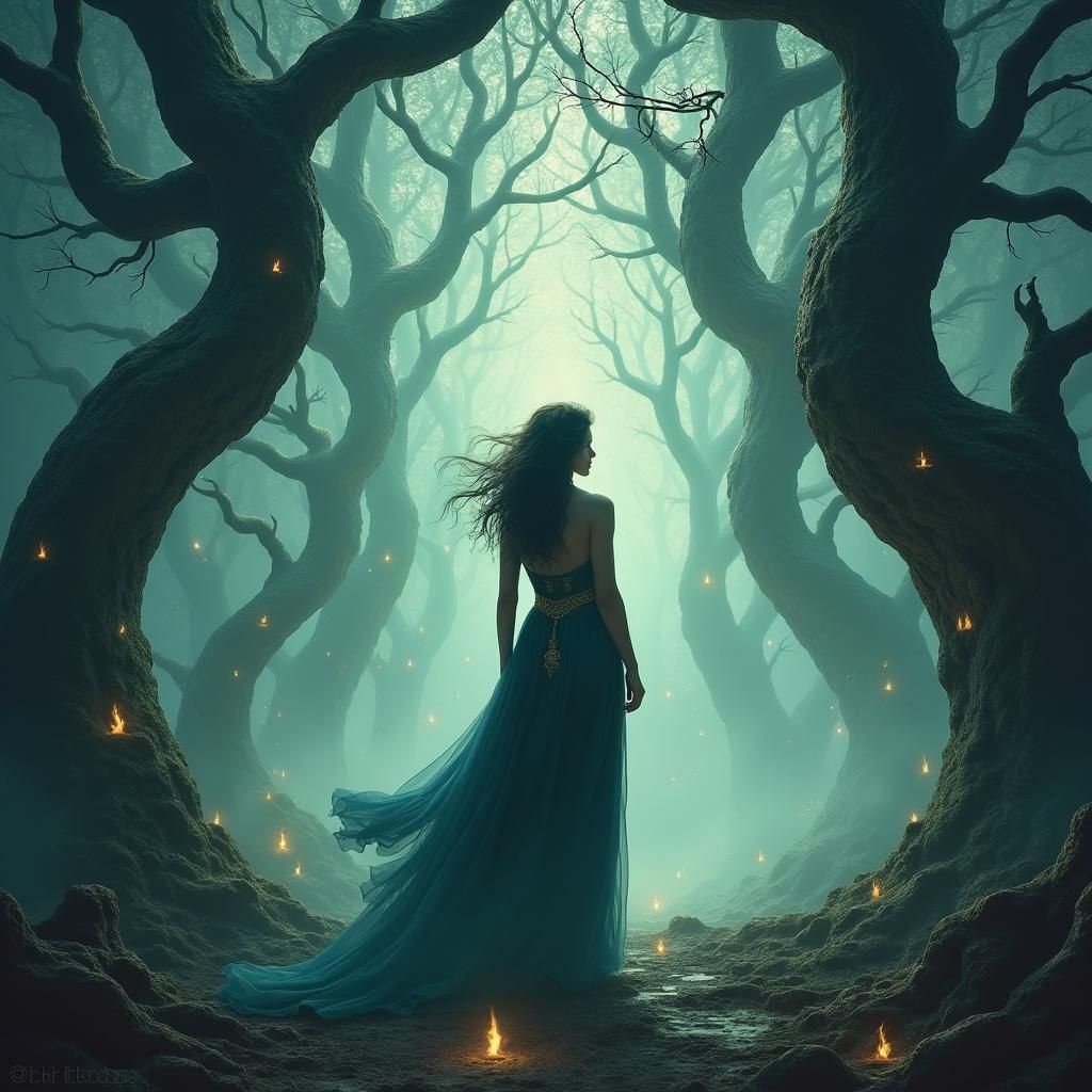 Mystical Woman in Dreamlike Lantern Landscape