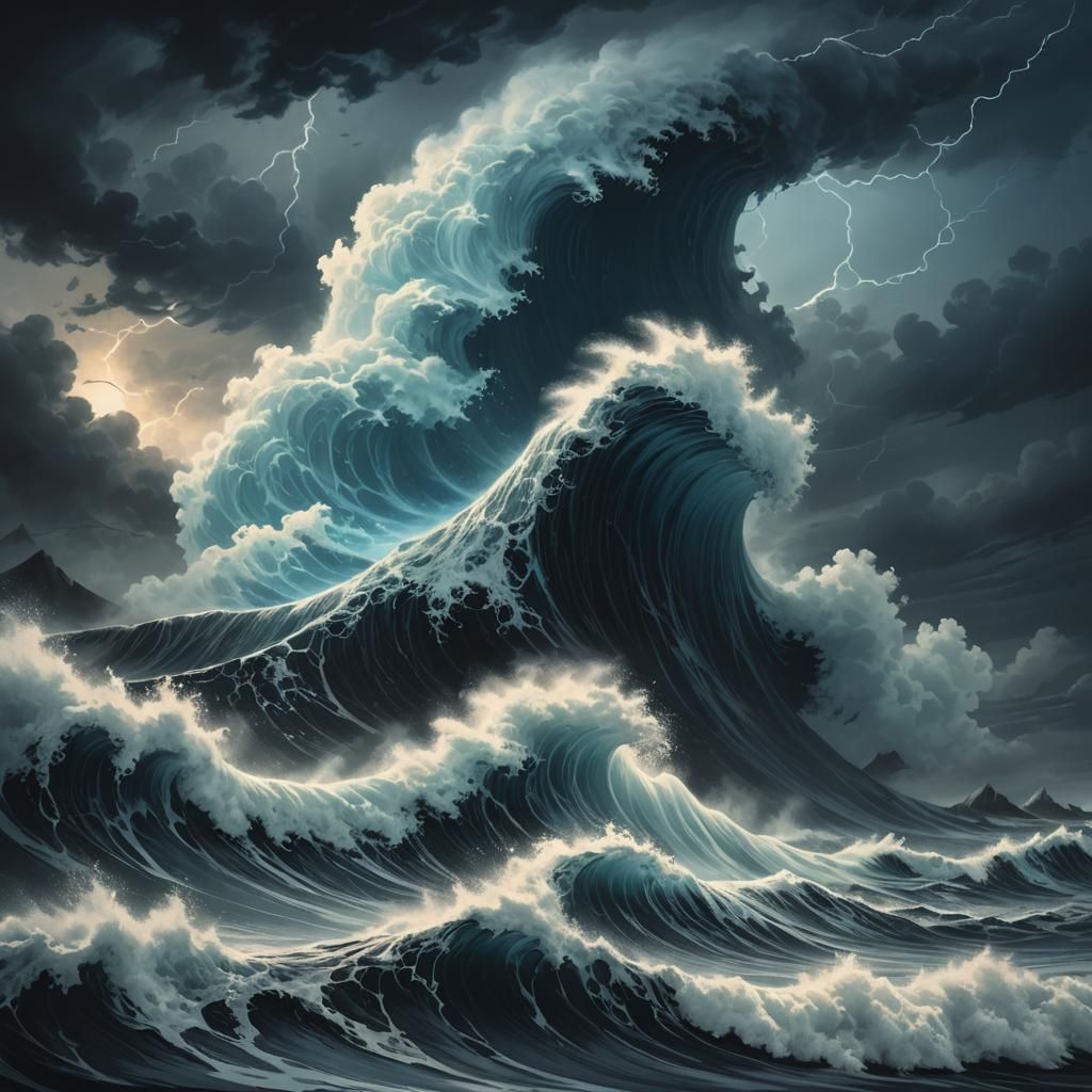 Epic Tsunami Wave Crashing on Misty Coast