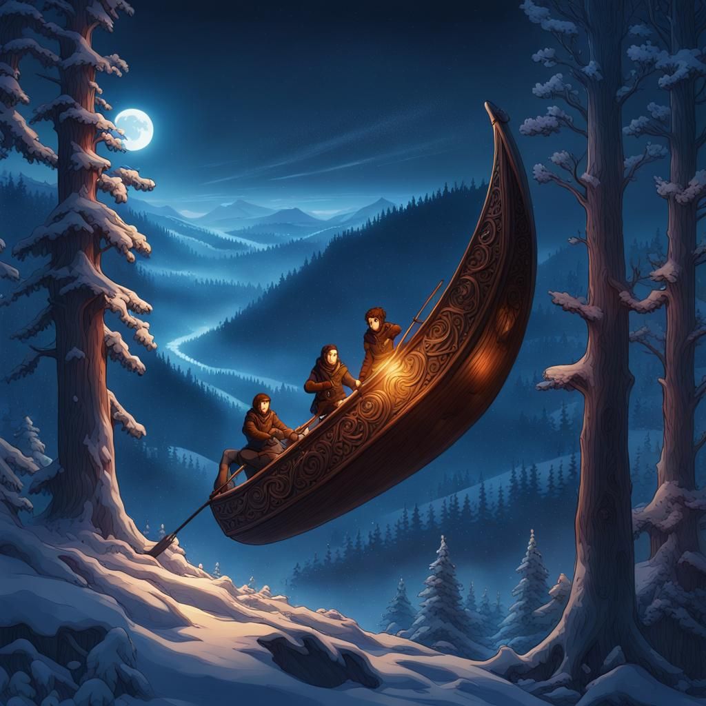 Anime Flying Canoe Over Winter Trees