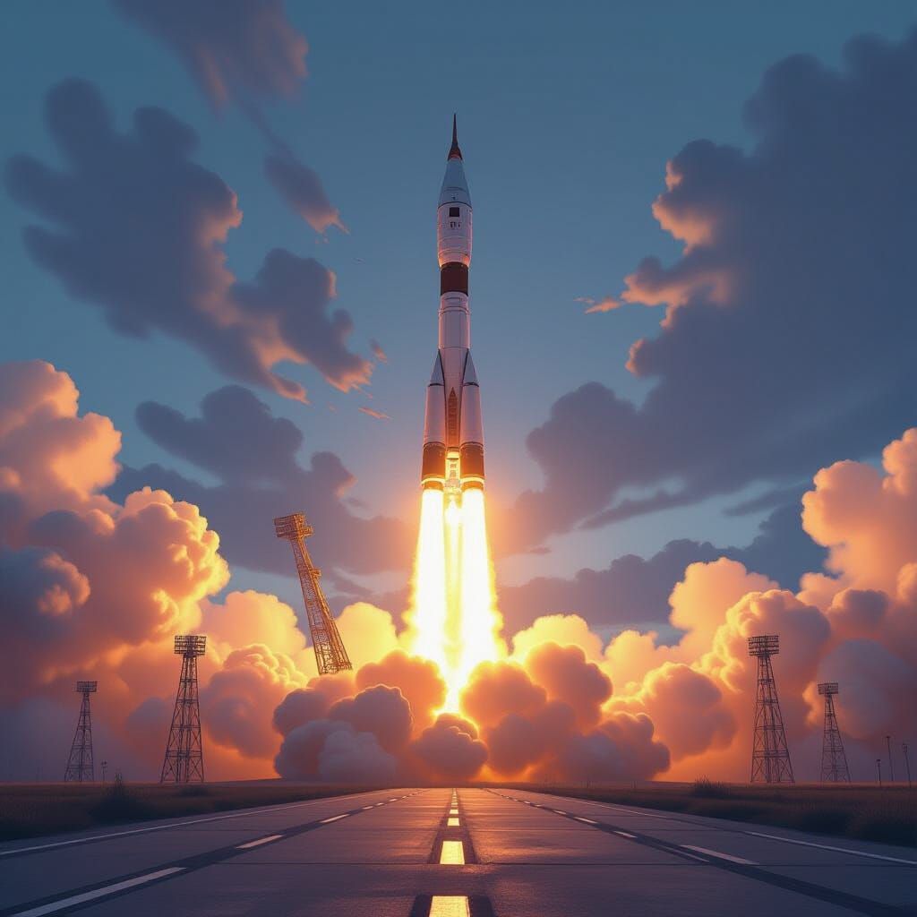 Soyuz MS-28 Rocket Launch in Hyperrealistic Digital Painting