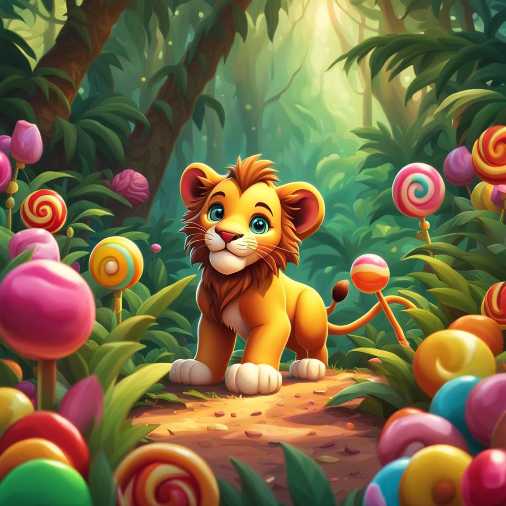 Cartoon Lion Cub's Jungle Search: Candy Art Style