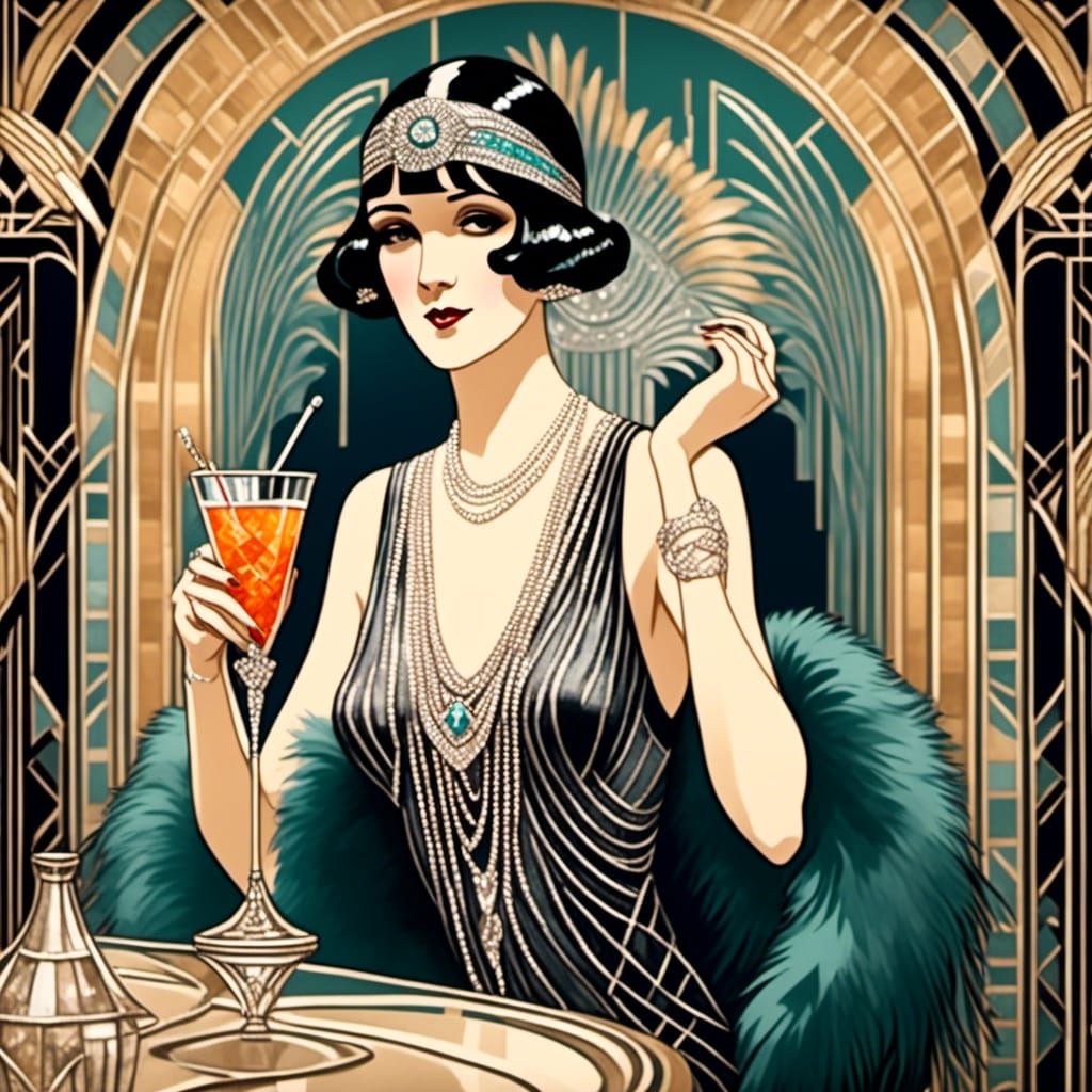 Flapper in Evening Gown Sipping Cocktail