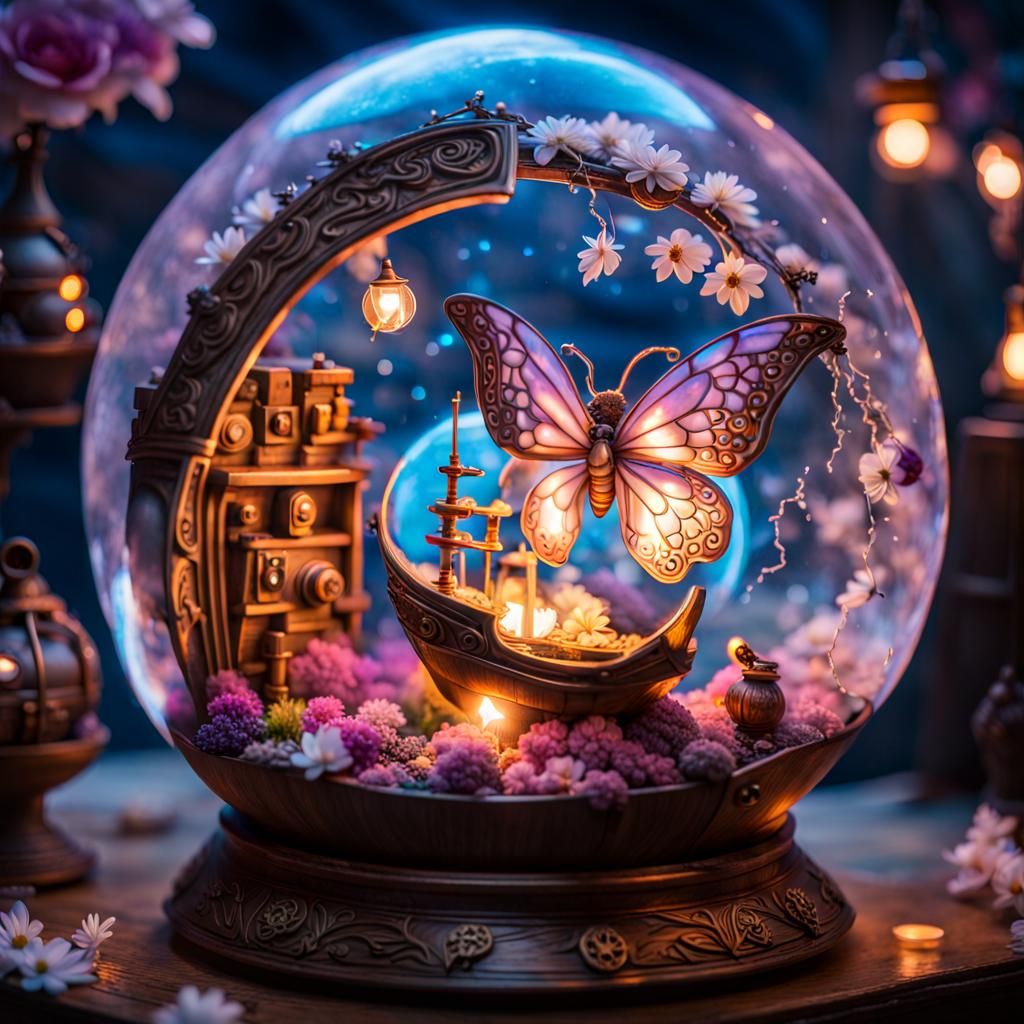 Pirate Ship Orb with Burning Butterfly and Fairy