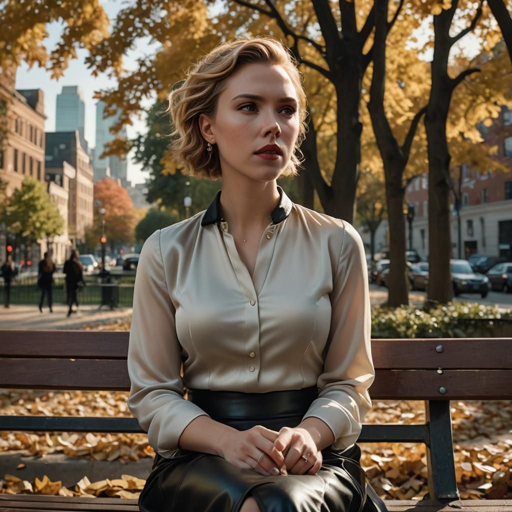 Scarlett Johansson in Autumn Park: Cinematic Photograph