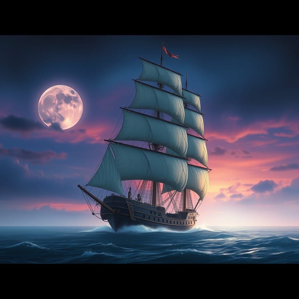 Majestic Sailing Ship Under Vibrant Nighttime Sky
