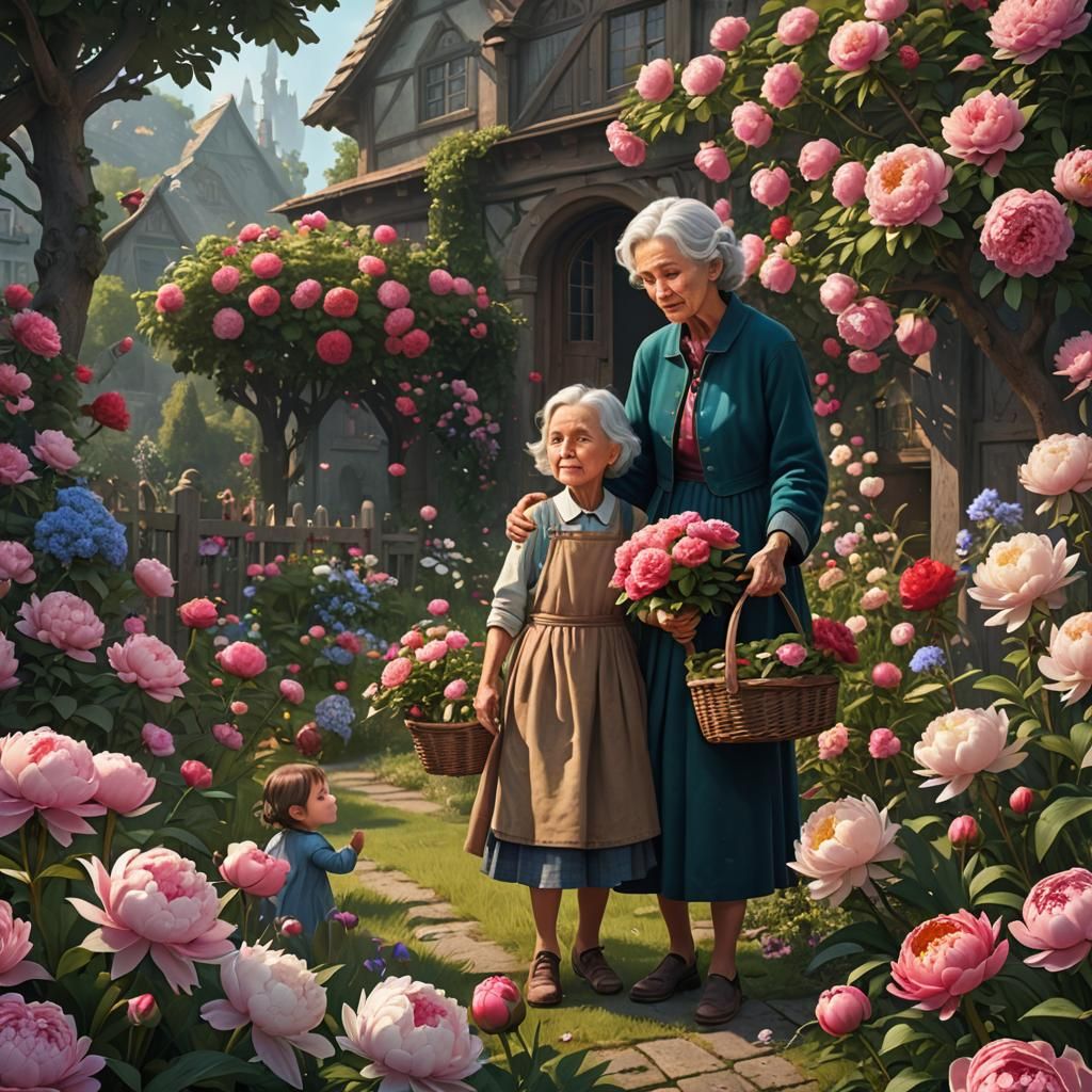 Granddaughter and Grandma Collect Garden Flowers: Detailed M...