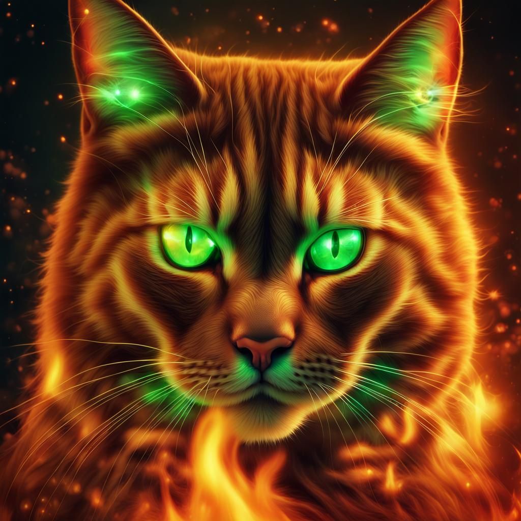 Glittering Fire Cat with Glowing Eyes Digital Painting
