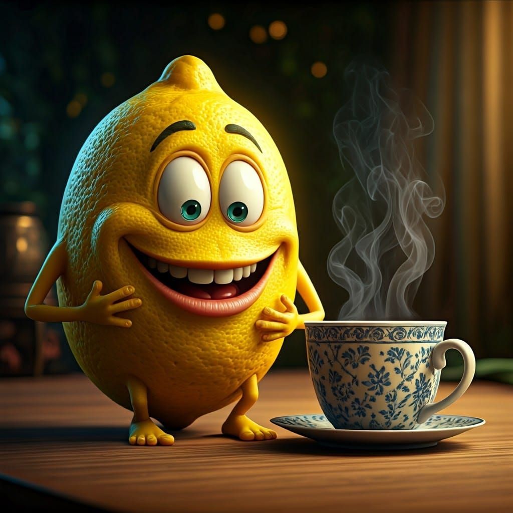 Anthropomorphic Lemon Enjoys Tea, Fantasy Concept Art