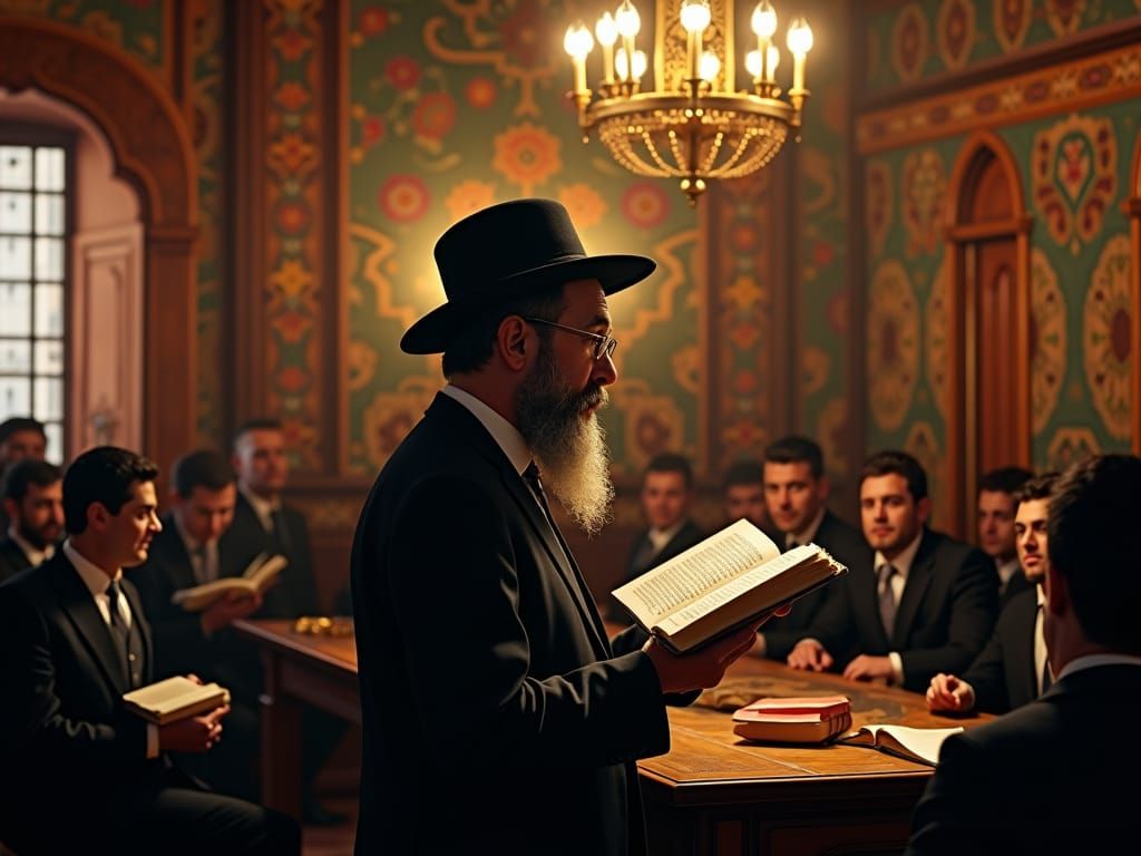 Rabbi Teaches Students in Ornate Study Hall