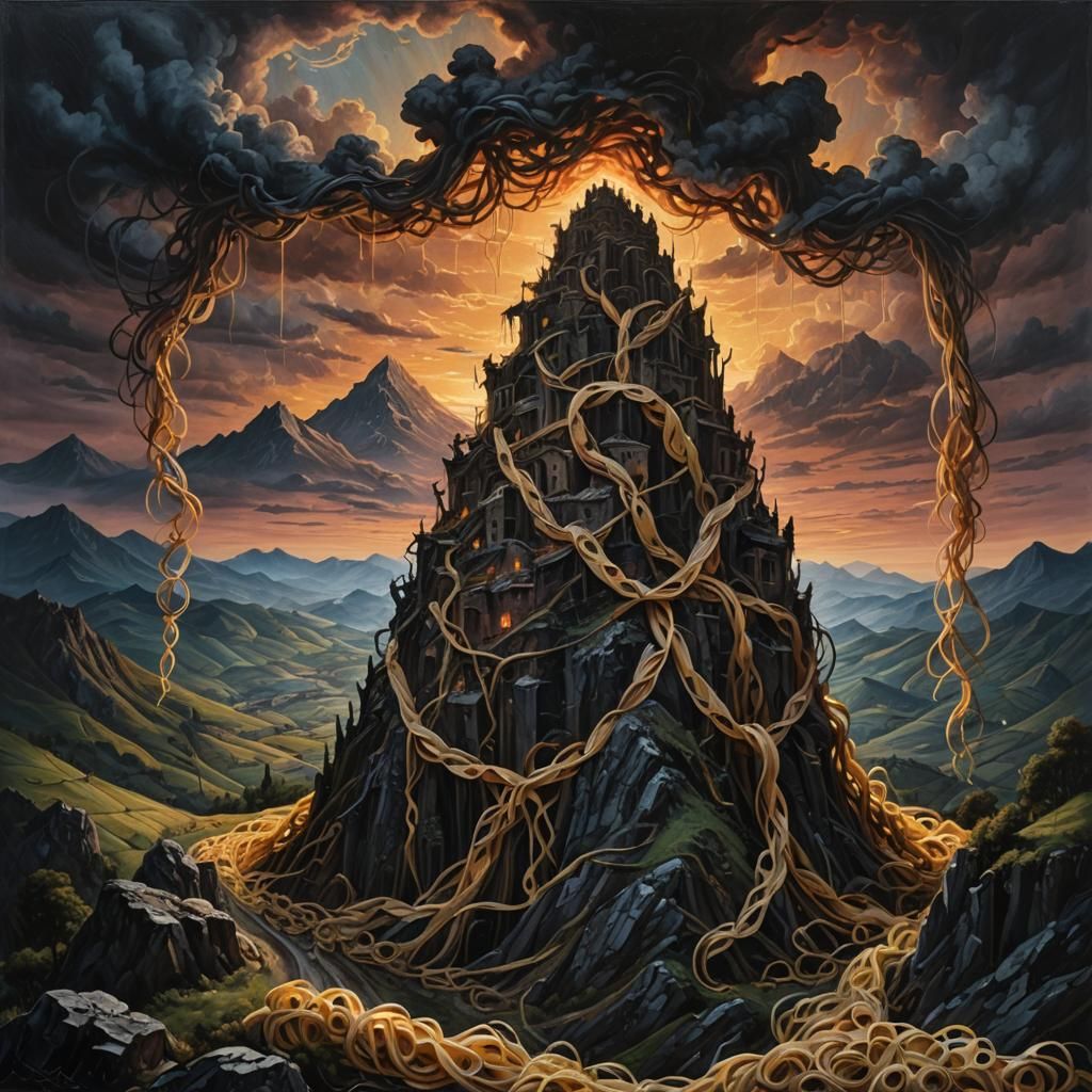 Pasta Mountain in Dark Fantasy Oil Painting Style