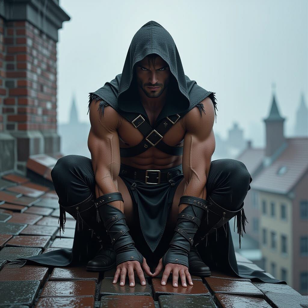 Shadowy Rogue on Rooftop in Dark Fantasy Style