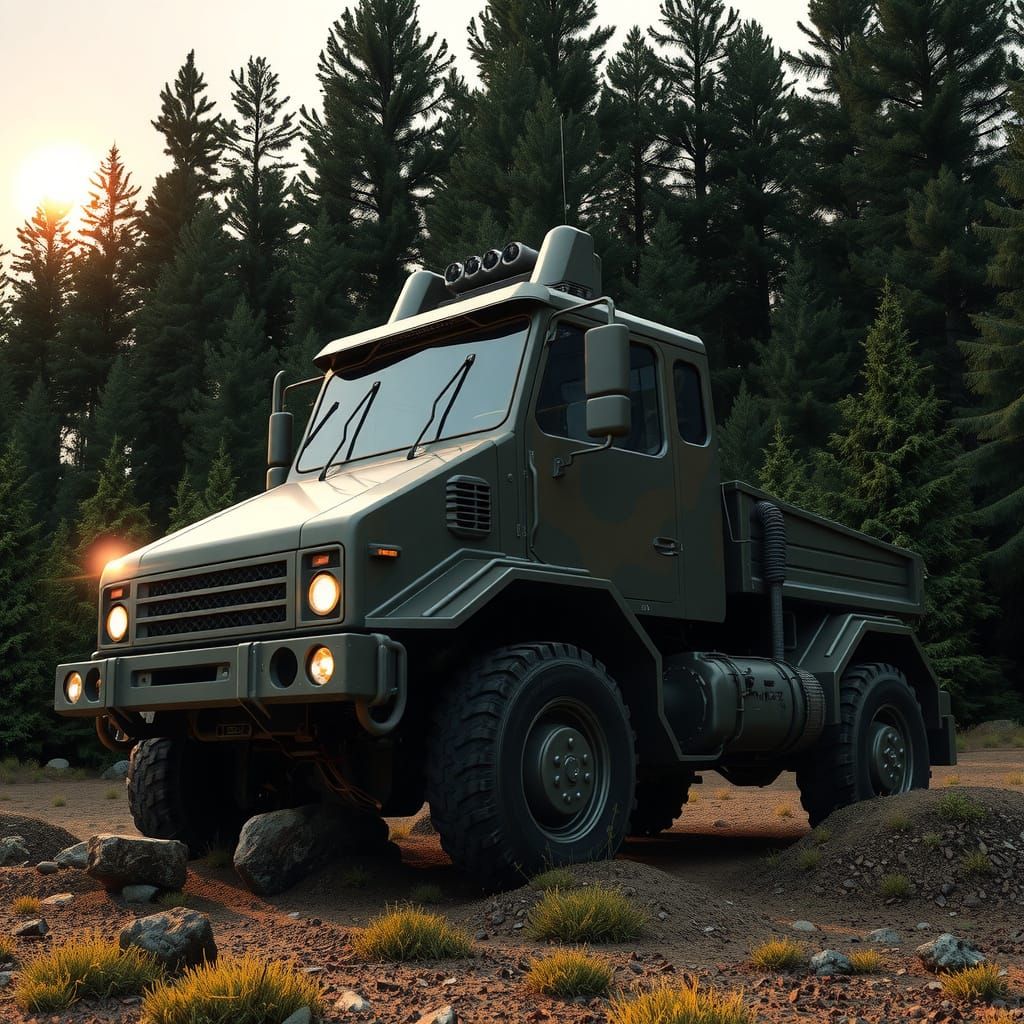Camouflaged MAZ 7310 in Dense Forest at Sunset