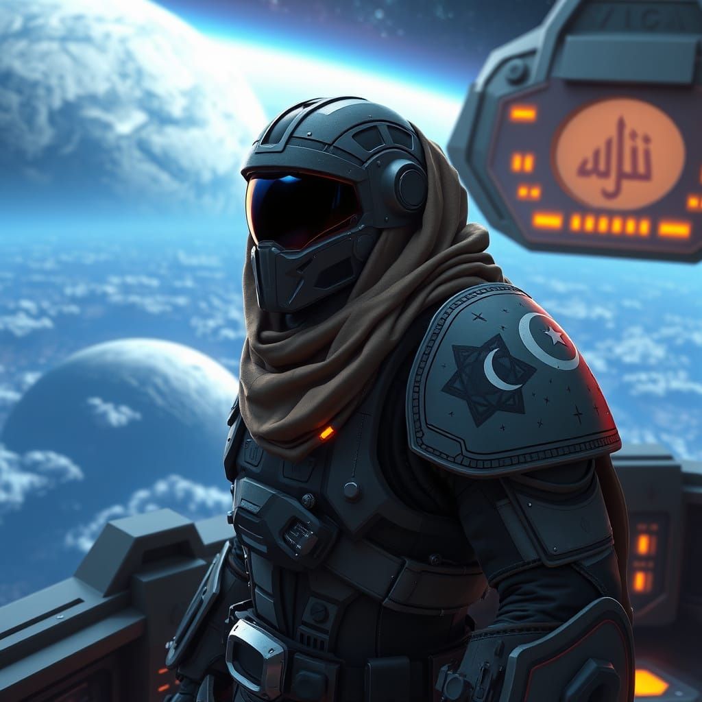 Muslim Space Marine Guarding Alien World: Anime Style