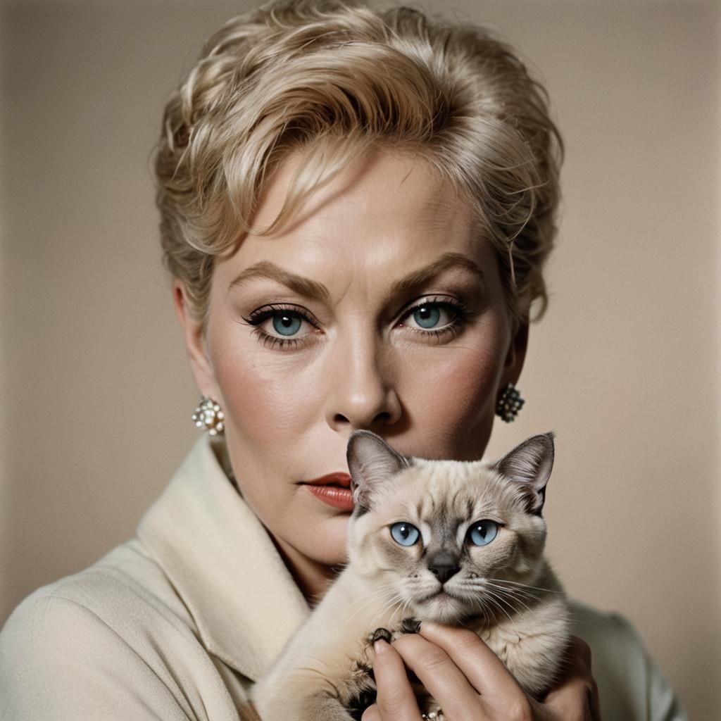 Classic Hollywood Portrait of Woman with Siamese Cat